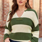 Green Stripe Colorblock Notched Neck Plus Size Sweater
