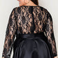 Black Plus Size Sheer Lace Splice High Low Satin Dress