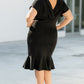 Black Plus Size Pleated V Neck Ruffle Hem Bodycon Dress