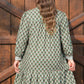 Green Contrast Striped Frilled Collar 3/4 Sleeve Plus Size Floral Dress