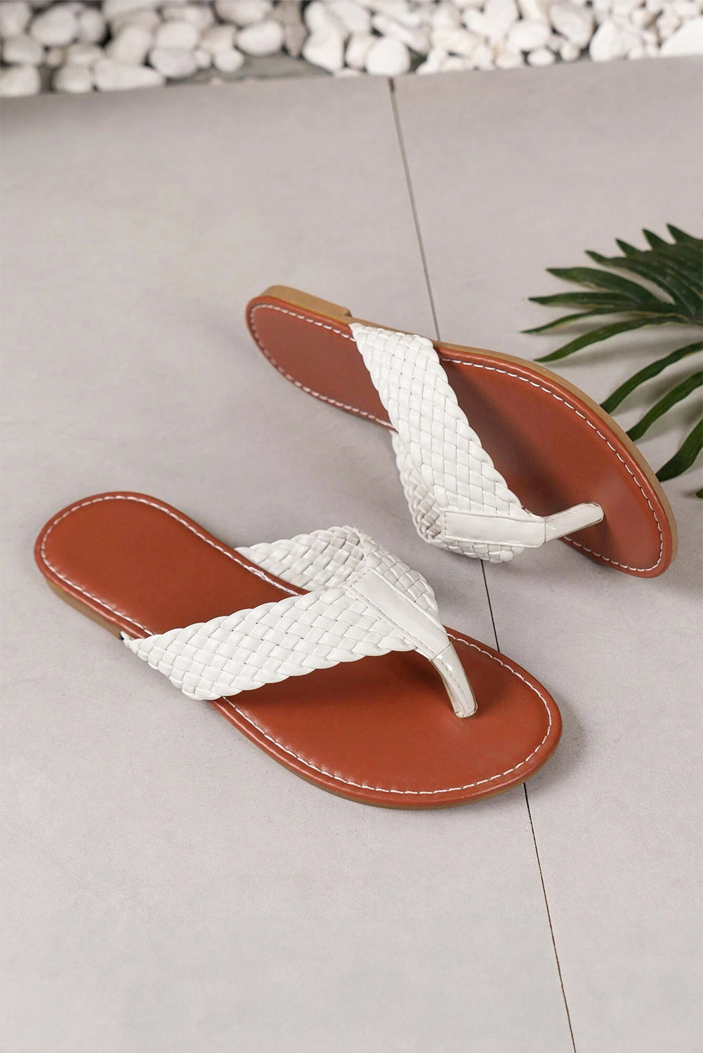 White Braided Strap PU Leather Flip Flop