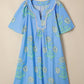 Sky Blue Plus Periwinkle Floral Printed Short Sleeve Striped Trim Split Neck Mini Dress