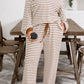 Khaki Stripe Plus Size Collared V Neck Loose Pullover Drawstring Elastic Waist Wide Leg Pant Set