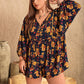 Plus Size Floral Tie Neck Balloon Sleeve Romper