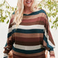 Boat Neck Long Bubble Sleeve Multi Stripe Print Knit Top