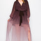 Ombre Chiffon Wrap Front Long Sleeve Tie Waist Slit Front Maxi Dress