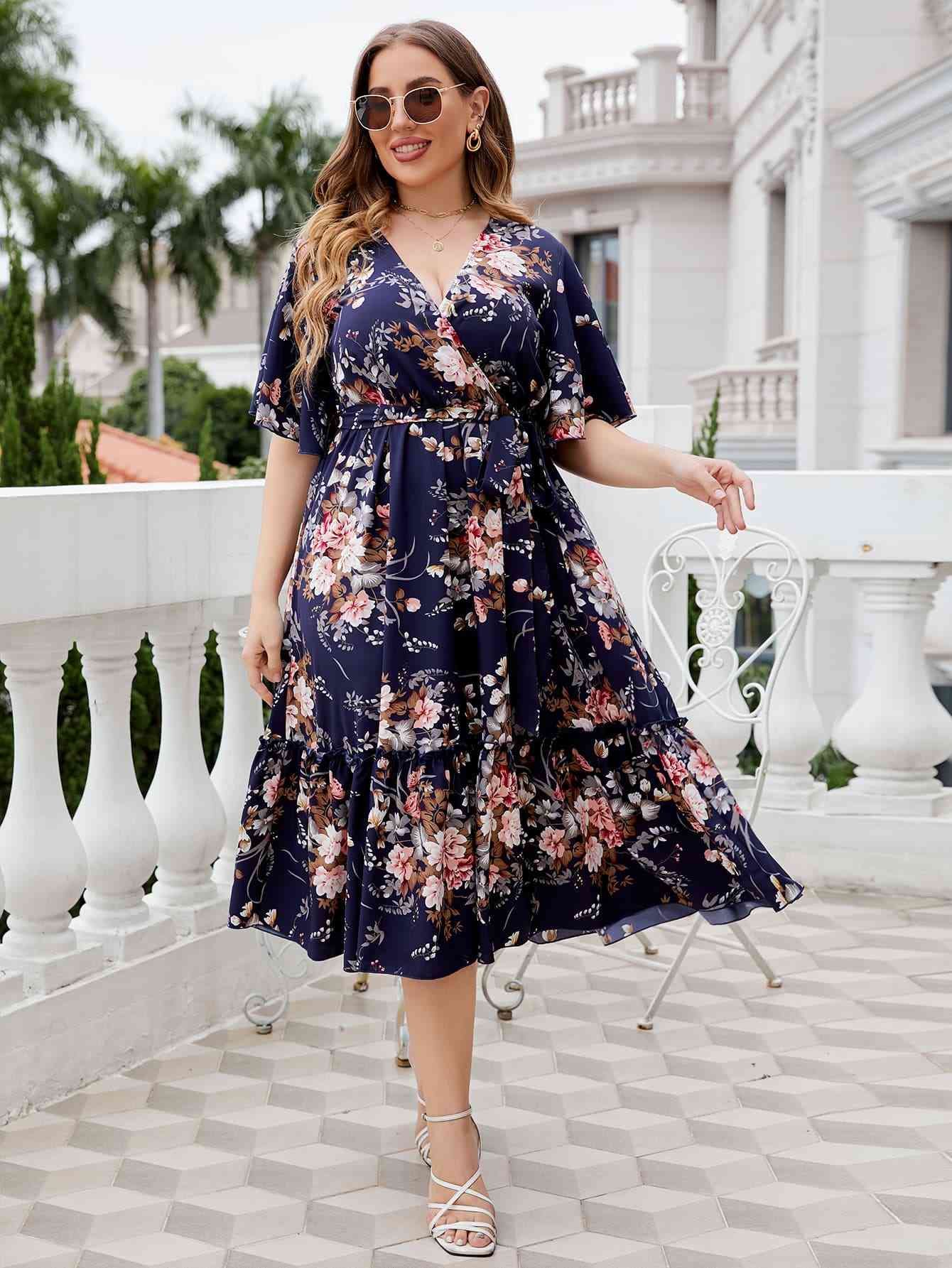 Plus Size Floral Surplice Neck Midi Dress – Plusology